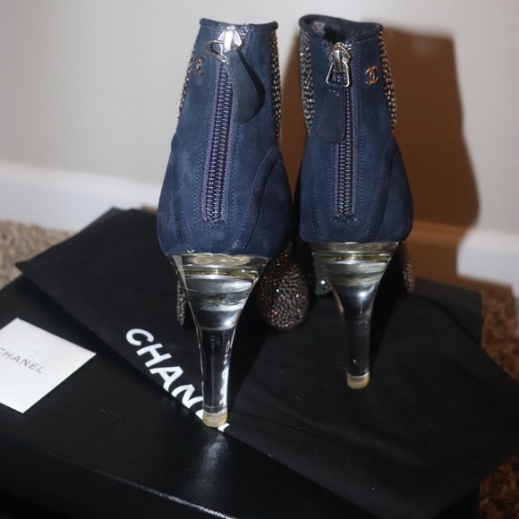 Chanel Blue Suede Peep-toe Glitter Bootie with Lucite Heel - Picture 6 of 7